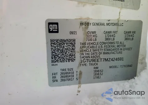 2021 GMC Sierra K1500 At4 z USA, uszkodzony, nr VIN 1GTU9EET7MZ424591